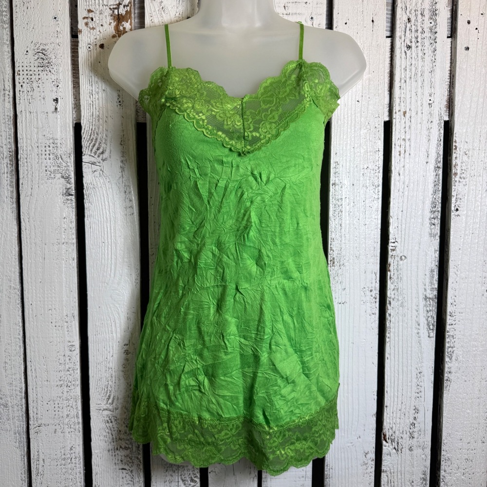 VTG Y2K Vol 1 Green Lace Trim Cami Tank‎ Top Size M Fairy Festival Boho Stretch